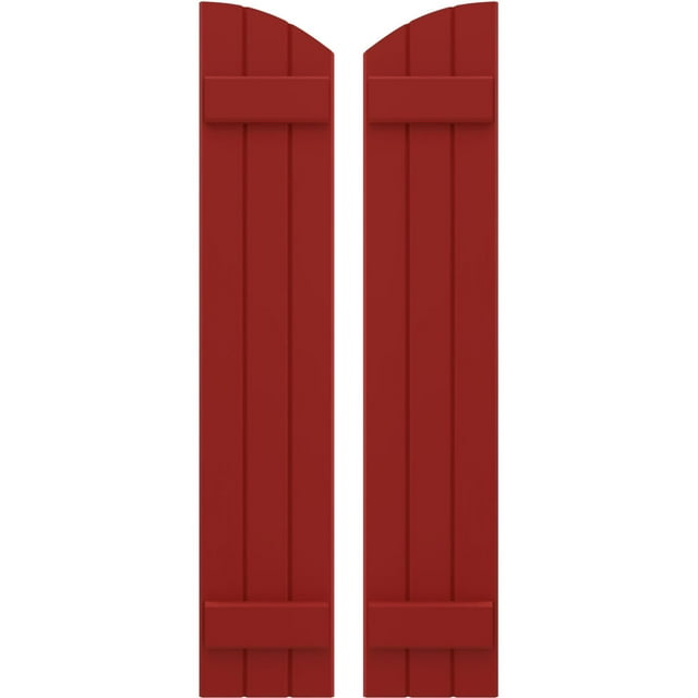 Ekena Millwork 10 1/2"W x 42"H Americraft Three Board (2 Batten) Exterior Real Wood Joined Board-n-Batten Shutters w/ Elliptical Top (Per Pair), Fire Red