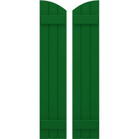 Ekena Millwork 10 1/2"W x 49"H Americraft Three Board (2 Batten) Exterior Real Wood Joined Board-n-Batten Shutters w/ Elliptical Top (Per Pair), Viridian Green