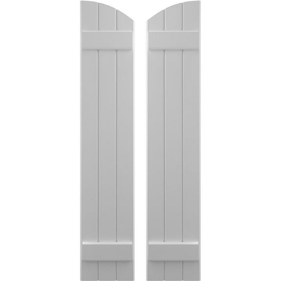 Ekena Millwork 10 1/2"W x 56"H Americraft Three Board (2 Batten) Exterior Real Wood Joined Board-n-Batten Shutters w/ Elliptical Top (Per Pair), Primed