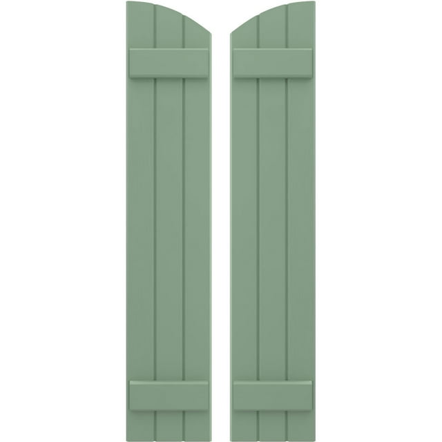 Ekena Millwork 10 1/2"W x 57"H Americraft Three Board (2 Batten) Exterior Real Wood Joined Board-n-Batten Shutters w/ Elliptical Top (Per Pair), Track Green
