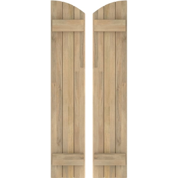 Ekena Millwork 10 1/2"W x 59"H Americraft Three Board (2 Batten) Exterior Real Wood Joined Board-n-Batten Shutters w/ Elliptical Top (Per Pair), Unfinished