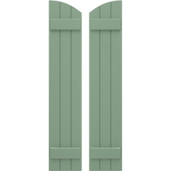 Ekena Millwork 10 1/2"W x 62"H Americraft Three Board (2 Batten) Exterior Real Wood Joined Board-n-Batten Shutters w/ Elliptical Top (Per Pair), Track Green