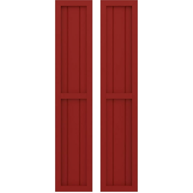 Ekena Millwork 10 1/2"W x 63"H Americraft Three Board Exterior Real Wood Two Equal Panel Framed Board-n-Batten Shutters (Per Pair), Fire Red