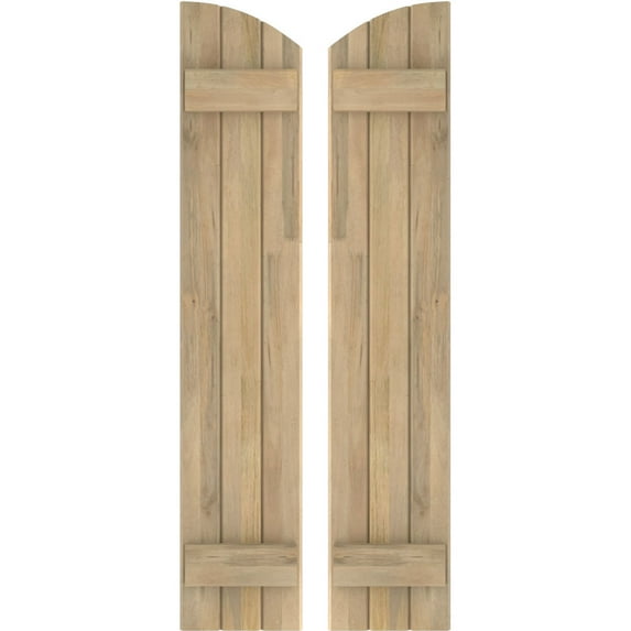 Ekena Millwork 10 1/2"W x 64"H Americraft Three Board (2 Batten) Exterior Real Wood Joined Board-n-Batten Shutters w/ Elliptical Top (Per Pair), Unfinished