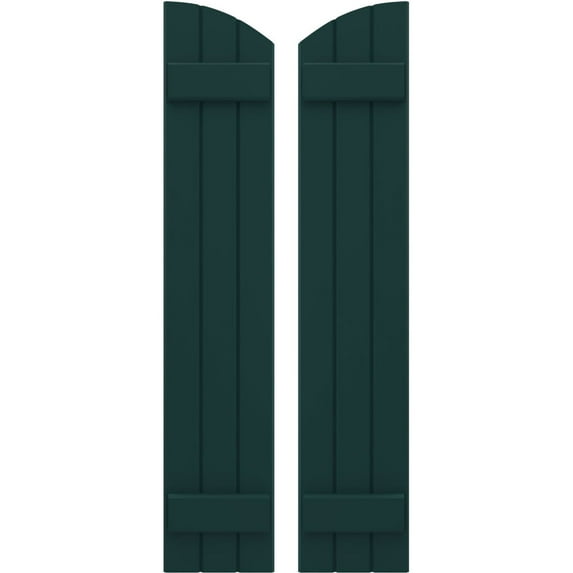 Ekena Millwork 10 1/2"W x 67"H Americraft Three Board (2 Batten) Exterior Real Wood Joined Board-n-Batten Shutters w/ Elliptical Top (Per Pair), Thermal Green