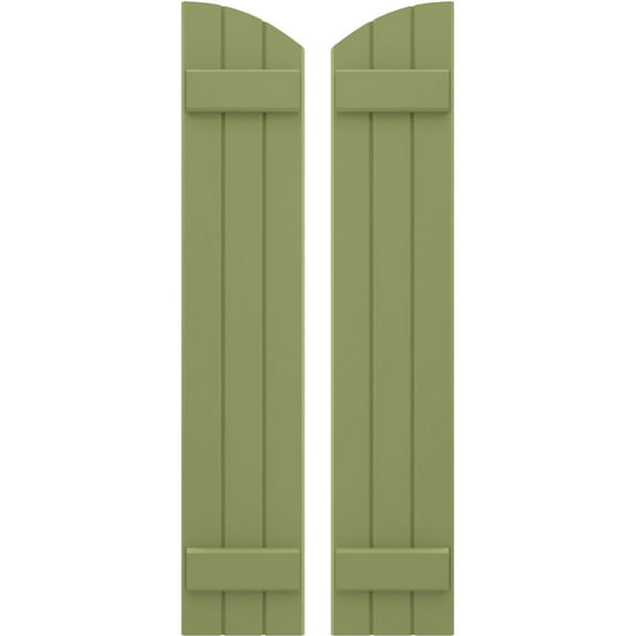 Ekena Millwork 10 1/2"W x 72"H Americraft Three Board (2 Batten) Exterior Real Wood Joined Board-n-Batten Shutters w/ Elliptical Top (Per Pair), Moss Green