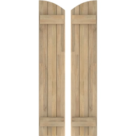 Ekena Millwork 10 1/2"W x 75"H Americraft Three Board (2 Batten) Exterior Real Wood Joined Board-n-Batten Shutters w/ Elliptical Top (Per Pair), Unfinished