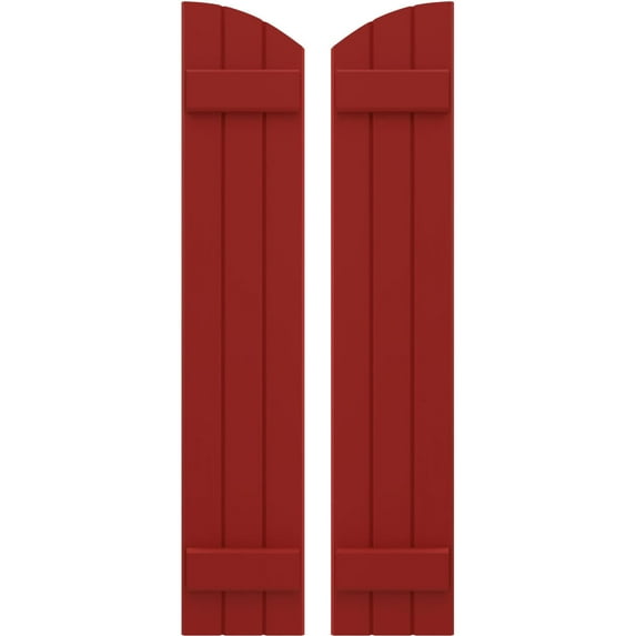 Ekena Millwork 10 1/2"W x 84"H Americraft Three Board (2 Batten) Exterior Real Wood Joined Board-n-Batten Shutters w/ Elliptical Top (Per Pair), Fire Red