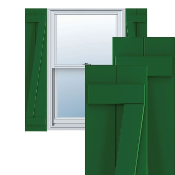 Ekena Millwork 10 3/4"W x 33"H True Fit PVC Two Board Joined Board-n-Batten Shutters w/Z-Bar, Viridian Green (Per Pair - Hardware Not Included)