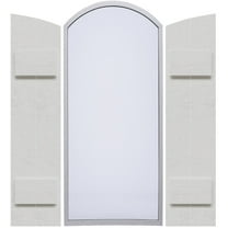 Ekena Millwork 10 3/4"W x 36"H, Rough Cedar (32 3/8" Low Side) Timberthane Faux Rustic Two Board Joined Board-n-Batten Faux Wood Shutters w/Elliptical Arch Top, Rough Cedar (Per Pair)
