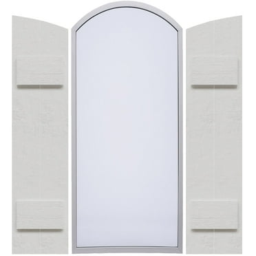 Ekena Millwork 10 3/4"W x 36"H, Rough Cedar (32 3/8" Low Side) Timberthane Faux Rustic Two Board Joined Board-n-Batten Faux Wood Shutters w/Elliptical Arch Top, Rough Cedar (Per Pair)