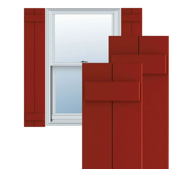 Ekena Millwork 10 3/4"W x 36"H True Fit PVC Two Board Joined Board-n-Batten Shutters, Fire Red (Per Pair - Hardware Not Included)