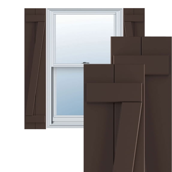 Ekena Millwork 10 3/4"W x 68"H True Fit PVC Two Board Joined Board-n-Batten Shutters w/Z-Bar, Raisin Brown (Per Pair - Hardware Not Included)