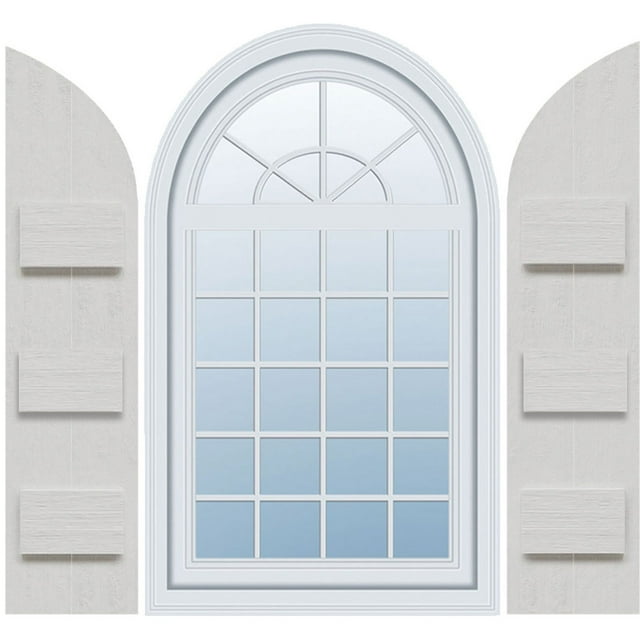 Ekena Millwork 10 3/4"W x 86"H, Rough Cedar (75" Low Side) Timberthane Faux Rustic Two Board Joined Board-n-Batten Faux Wood Shutters w/Quarter Round Arch Top, Rough Cedar (Per Pair)