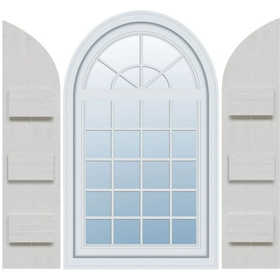 Ekena Millwork 10 3/4"W x 95"H, Rough Cedar (84" Low Side) Timberthane Faux Rustic Two Board Joined Board-n-Batten Faux Wood Shutters w/Quarter Round Arch Top, Rough Cedar (Per Pair)