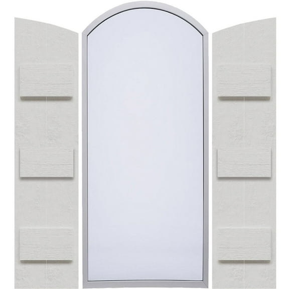 Ekena Millwork 10 3/4"W x 96"H, Rough Cedar (92 3/8" Low Side) Timberthane Faux Rustic Two Board Joined Board-n-Batten Faux Wood Shutters w/Elliptical Arch Top, Rough Cedar (Per Pair)