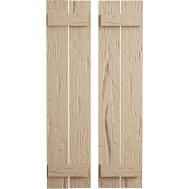 Ekena Millwork 11 1/2"W x 24"H Rustic Two Board Spaced Board-n-Batten Hand Hewn Faux Wood Shutters (Per Pair), Primed Tan