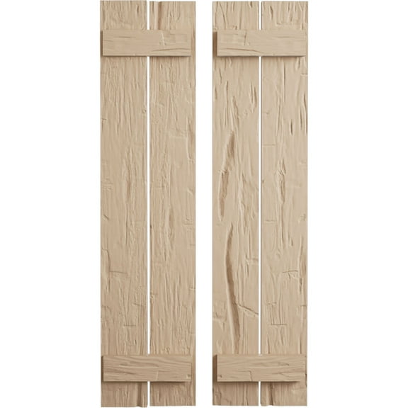 Ekena Millwork 11 1/2"W x 24"H Rustic Two Board Spaced Board-n-Batten Hand Hewn Faux Wood Shutters (Per Pair), Primed Tan