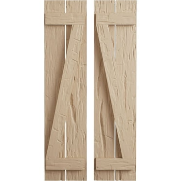Ekena Millwork 11 1/2"W x 24"H Rustic Two Board Spaced Board-n-Batten Hand Hewn Faux Wood Shutters w/Z-Board (Per Pair), Primed Tan