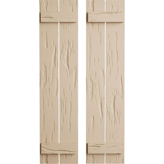 Ekena Millwork 11 1/2"W x 24"H Rustic Two Board Spaced Board-n-Batten Pecky Cypress Faux Wood Shutters (Per Pair), Primed Tan