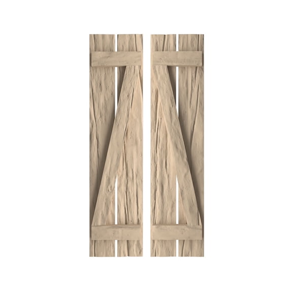 Ekena Millwork 11 1/2"W x 24"H Rustic Two Board Spaced Board-n-Batten Riverwood Faux Wood Shutters w/Z-Board (Per Pair), Primed Tan