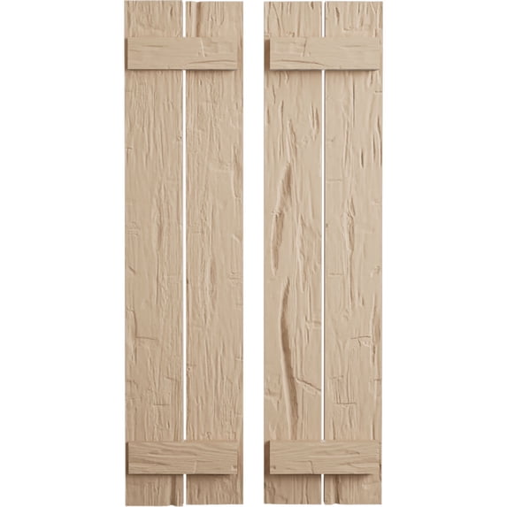 Ekena Millwork 11 1/2"W x 32"H Rustic Two Board Spaced Board-n-Batten Hand Hewn Faux Wood Shutters (Per Pair), Primed Tan