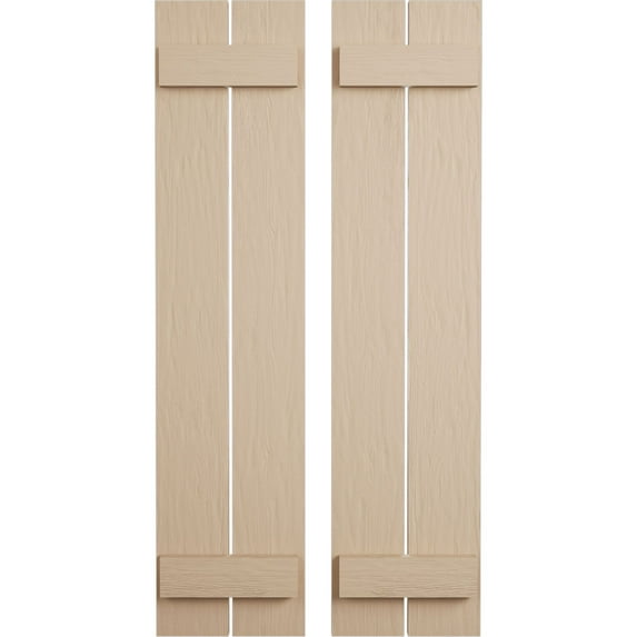 Ekena Millwork 11 1/2"W x 32"H Rustic Two Board Spaced Board-n-Batten Rough Sawn Faux Wood Shutters (Per Pair), Primed Tan