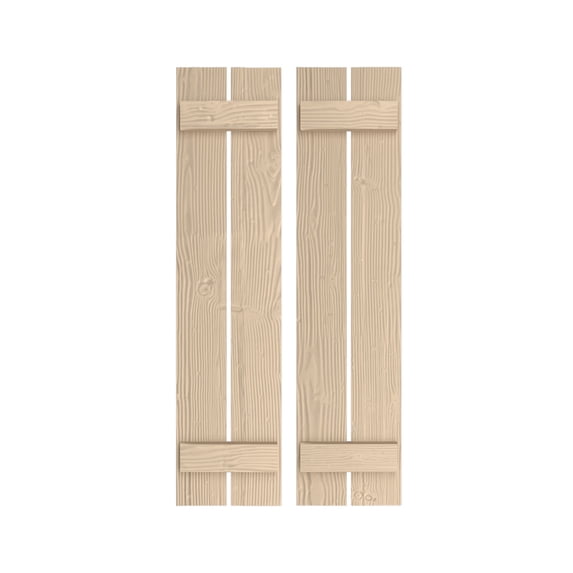 Ekena Millwork 11 1/2"W x 36"H Rustic Two Board Spaced Board-n-Batten Sandblasted Faux Wood Shutters (Per Pair), Primed Tan