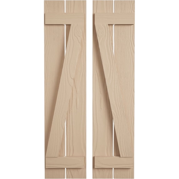 Ekena Millwork 11 1/2"W x 40"H Rustic Two Board Spaced Board-n-Batten Sandblasted Faux Wood Shutters w/Z-Board (Per Pair), Primed Tan