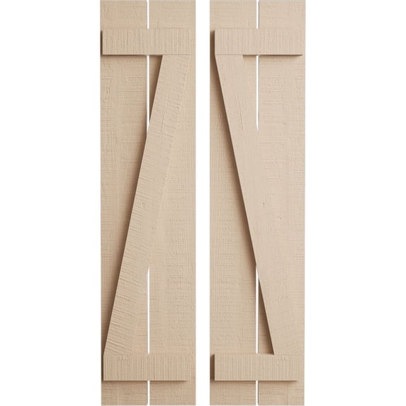 Ekena Millwork 11 1/2"W x 54"H Rustic Two Board Spaced Board-n-Batten Rough Cedar Faux Wood Shutters w/Z-Board (Per Pair), Primed Tan