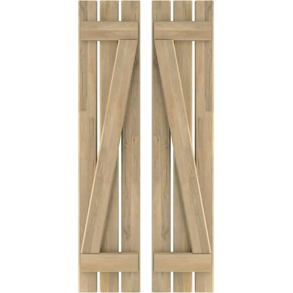 Ekena Millwork 11 1/2"W x 60"H Americraft Three Board (2 Batten) Exterior Real Wood Spaced Board-n-Batten Shutters w/ Z-Bar (Per Pair), Unfinished