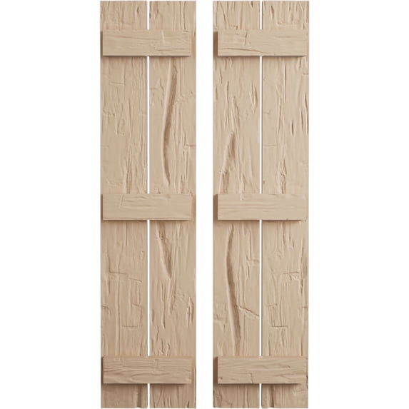 Ekena Millwork 11 1/2"W x 64"H Rustic Two Board Spaced Board-n-Batten Hand Hewn Faux Wood Shutters (Per Pair), Primed Tan