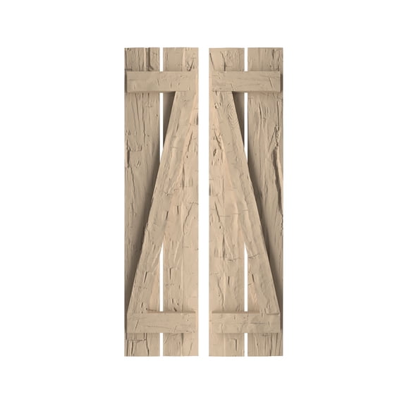 Ekena Millwork 11 1/2"W x 68"H Rustic Two Board Spaced Board-n-Batten Hand Hewn Faux Wood Shutters w/Z-Board (Per Pair), Primed Tan