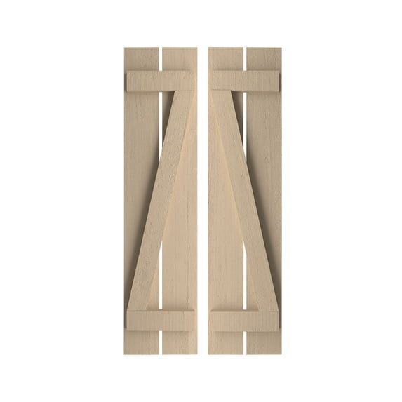 Ekena Millwork 11 1/2"W x 68"H Rustic Two Board Spaced Board-n-Batten Rough Cedar Faux Wood Shutters w/Z-Board (Per Pair), Primed Tan
