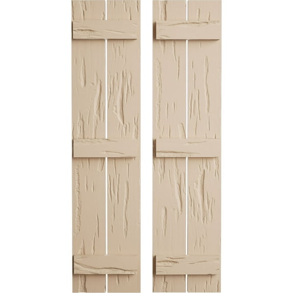 Ekena Millwork 11 1/2"W x 74"H Rustic Two Board Spaced Board-n-Batten Pecky Cypress Faux Wood Shutters (Per Pair), Primed Tan