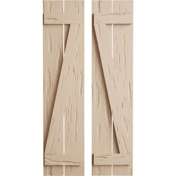 Ekena Millwork 11 1/2"W x 78"H Rustic Two Board Spaced Board-n-Batten Pecky Cypress Faux Wood Shutters w/Z-Board (Per Pair), Primed Tan