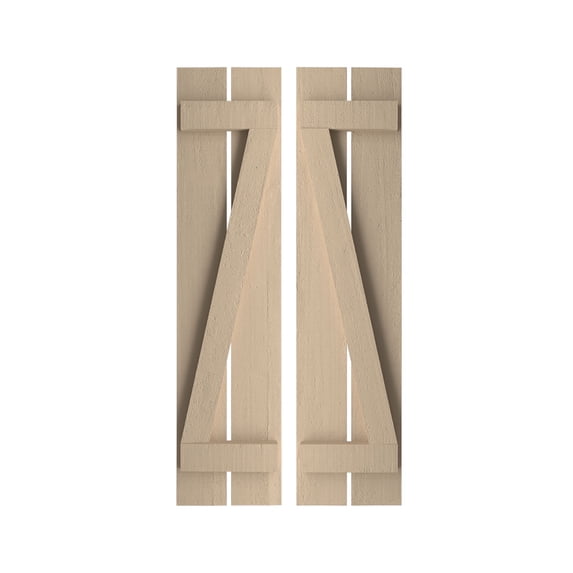 Ekena Millwork 11 1/2"W x 78"H Rustic Two Board Spaced Board-n-Batten Rough Cedar Faux Wood Shutters w/Z-Board (Per Pair), Primed Tan