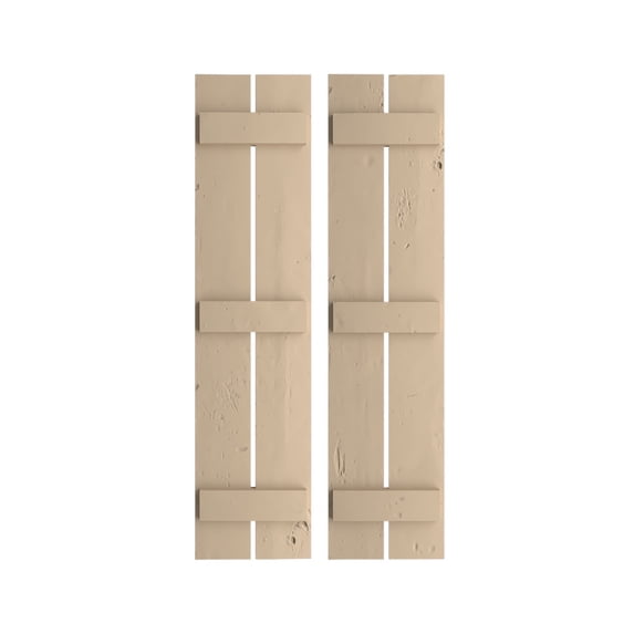 Ekena Millwork 11 1/2"W x 86"H Rustic Two Board Spaced Board-n-Batten Knotty Pine Faux Wood Shutters (Per Pair), Primed Tan