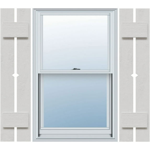 Ekena Millwork 11 1/4"W x 68"H Timberthane Faux Rustic Two Board Spaced Board-n-Batten Faux Wood Shutters w/Diamond Cut Outs, Rough Cedar (Per Pair)