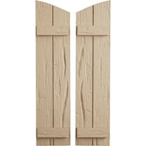 Ekena Millwork 11"W x 24"H (20 3/8" Low Side) Timberthane Hand Hewn Two Board Joined Board-n-Batten w/Elliptical Top Faux Wood Shutters (Per Pair), Primed Tan