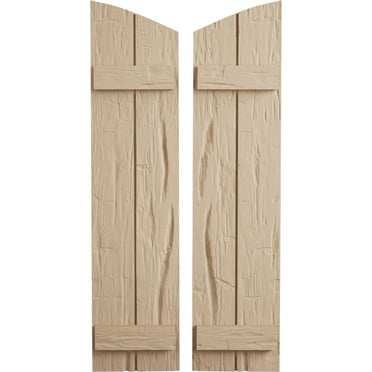 Ekena Millwork 11"W x 24"H (20 3/8" Low Side) Timberthane Hand Hewn Two Board Joined Board-n-Batten w/Elliptical Top Faux Wood Shutters (Per Pair), Primed Tan