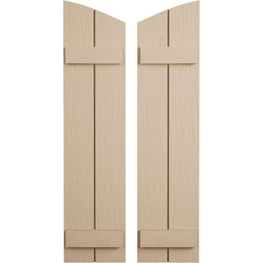 Ekena Millwork 11"W x 24"H (20 3/8" Low Side) Timberthane Rough Sawn Two Board Joined Board-n-Batten w/Elliptical Top Faux Wood Shutters (Per Pair), Primed Tan