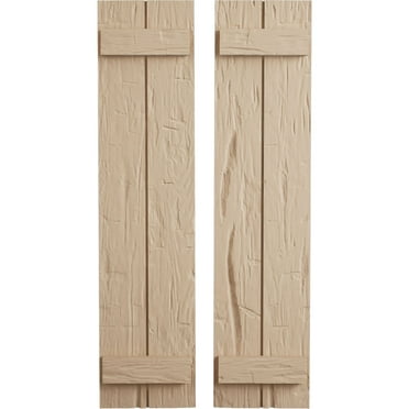 Ekena Millwork 11"W x 24"H Rustic Two Board Joined Board-n-Batten Hand Hewn Faux Wood Shutters (Per Pair), Primed Tan
