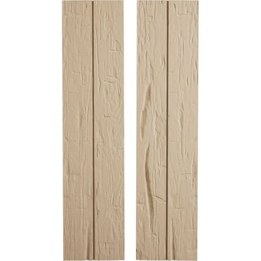 Ekena Millwork 11"W x 24"H Rustic Two Board Joined Board-n-Batten Hand Hewn Faux Wood Shutters w/No Batten (Per Pair), Primed Tan