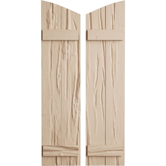 Ekena Millwork 11"W x 26"H (22 3/8" Low Side) Timberthane Riverwood Two Board Joined Board-n-Batten w/Elliptical Top Faux Wood Shutters (Per Pair), Primed Tan
