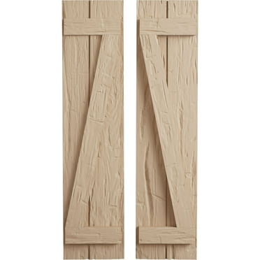 Ekena Millwork 11"W x 26"H Rustic Two Board Joined Board-n-Batten Hand Hewn Faux Wood Shutters w/Z-Board (Per Pair), Primed Tan