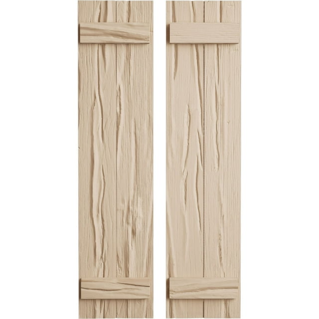 Ekena Millwork 11"W x 26"H Rustic Two Board Joined Board-n-Batten Riverwood Faux Wood Shutters (Per Pair), Primed Tan