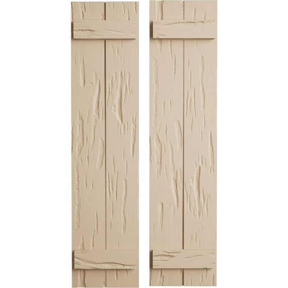 Ekena Millwork 11"W x 28"H Rustic Two Board Joined Board-n-Batten Pecky Cypress Faux Wood Shutters (Per Pair), Primed Tan