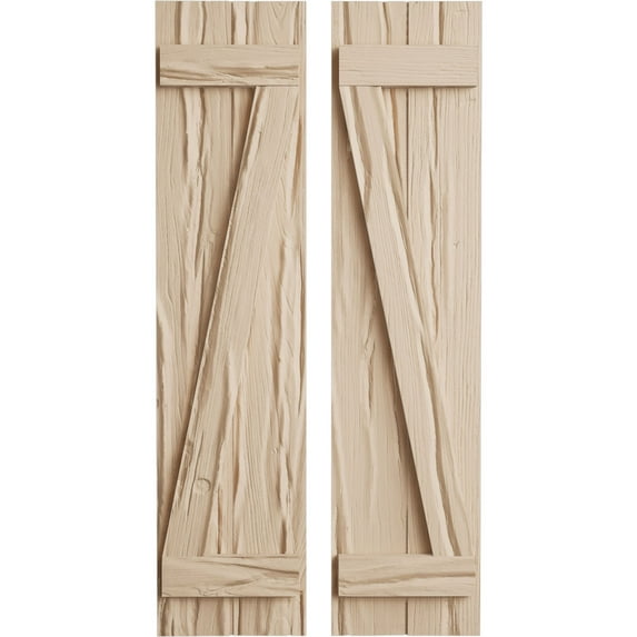 Ekena Millwork 11"W x 28"H Rustic Two Board Joined Board-n-Batten Riverwood Faux Wood Shutters w/Z-Board (Per Pair), Primed Tan