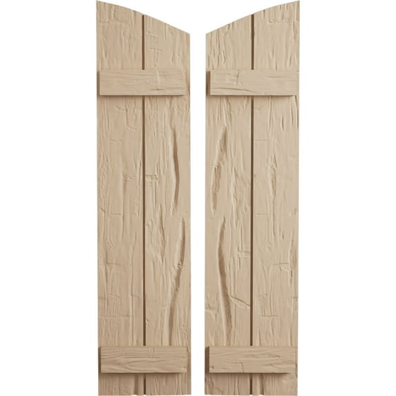 Ekena Millwork 11"W x 30"H (26 3/8" Low Side) Timberthane Hand Hewn Two Board Joined Board-n-Batten w/Elliptical Top Faux Wood Shutters (Per Pair), Primed Tan
